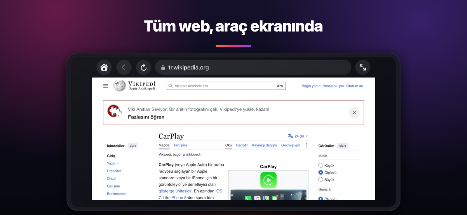 Tüm web, araç ekranında